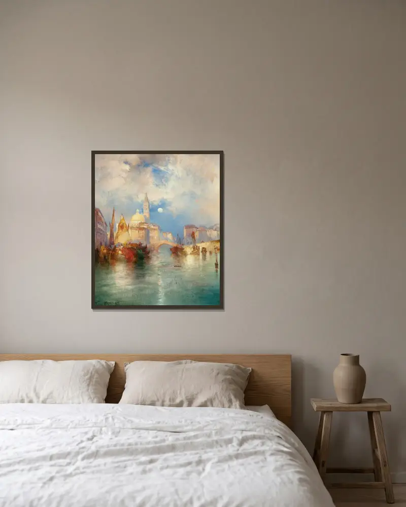 Månuppgång, Chioggia, Venedig av Thomas Moran inramad på en vägg