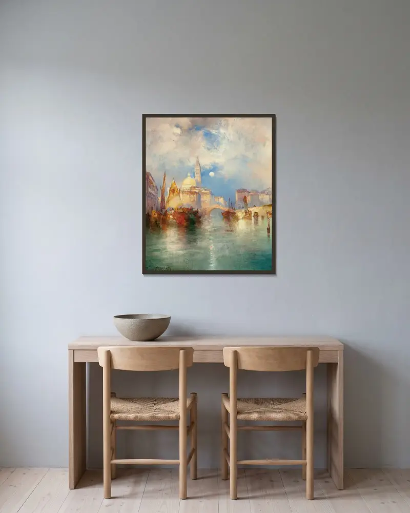 Månuppgång, Chioggia, Venedig av Thomas Moran inramad på en vägg