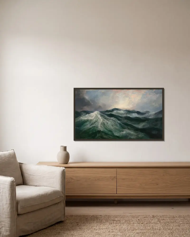 Morgon efter storm, mitten av Atlanten av Thomas Moran inramad på en vägg