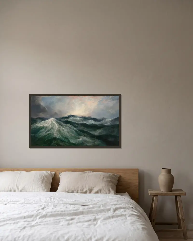 Morgon efter storm, mitten av Atlanten av Thomas Moran inramad på en vägg