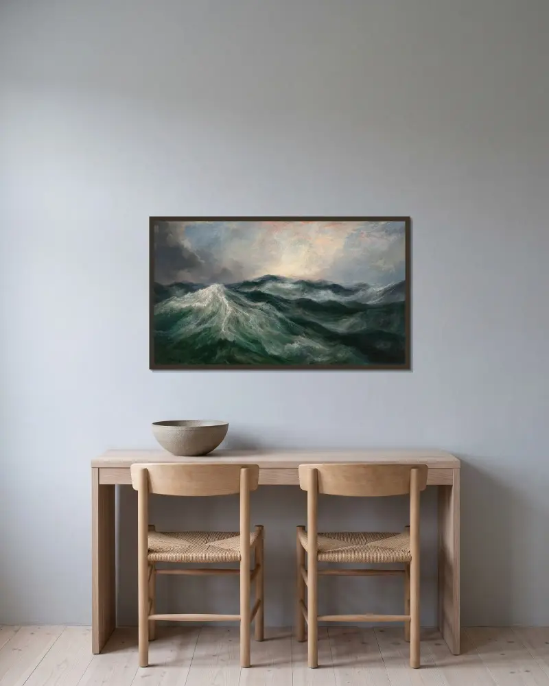 Morgon efter storm, mitten av Atlanten av Thomas Moran inramad på en vägg