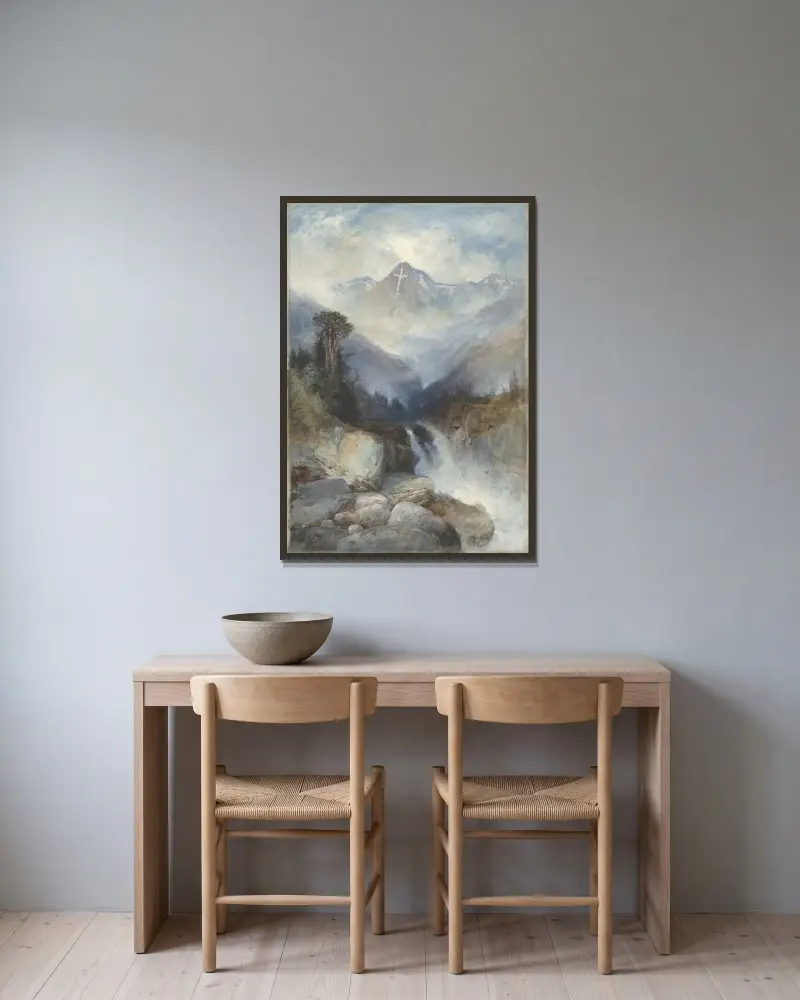 Berget Heliga korset av Thomas Moran inramad på en vägg