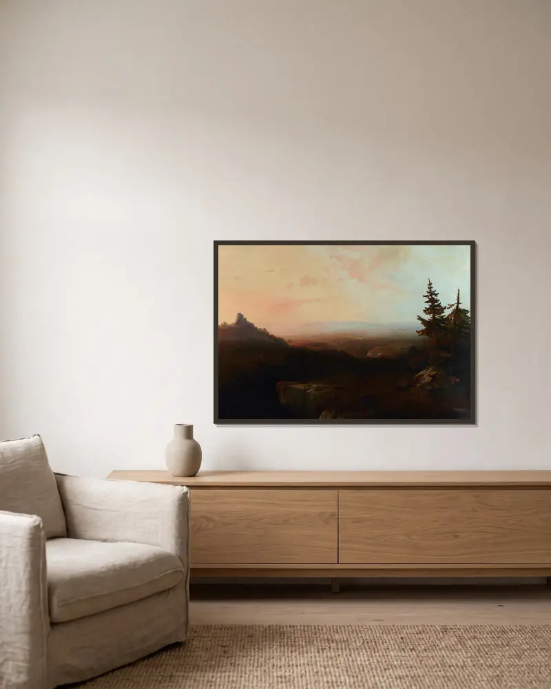 Horská scenérie, Thomas Moran v rámu na stěně