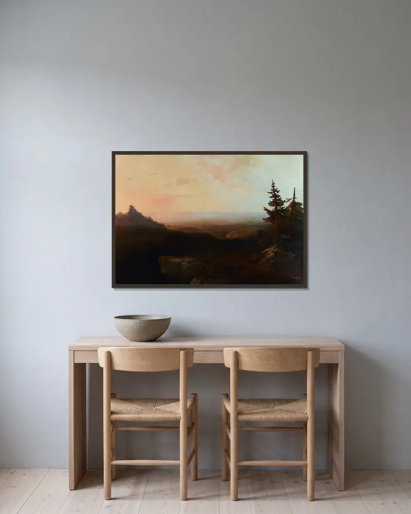 Horská scenérie, Thomas Moran v rámu na stěně