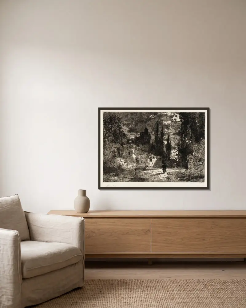 Old Castle and Trees von Thomas Moran gerahmt an einer Wand