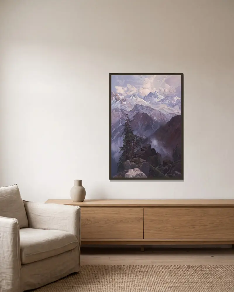 Toppen av Sierra Nevada av Thomas Moran inramad på en vägg