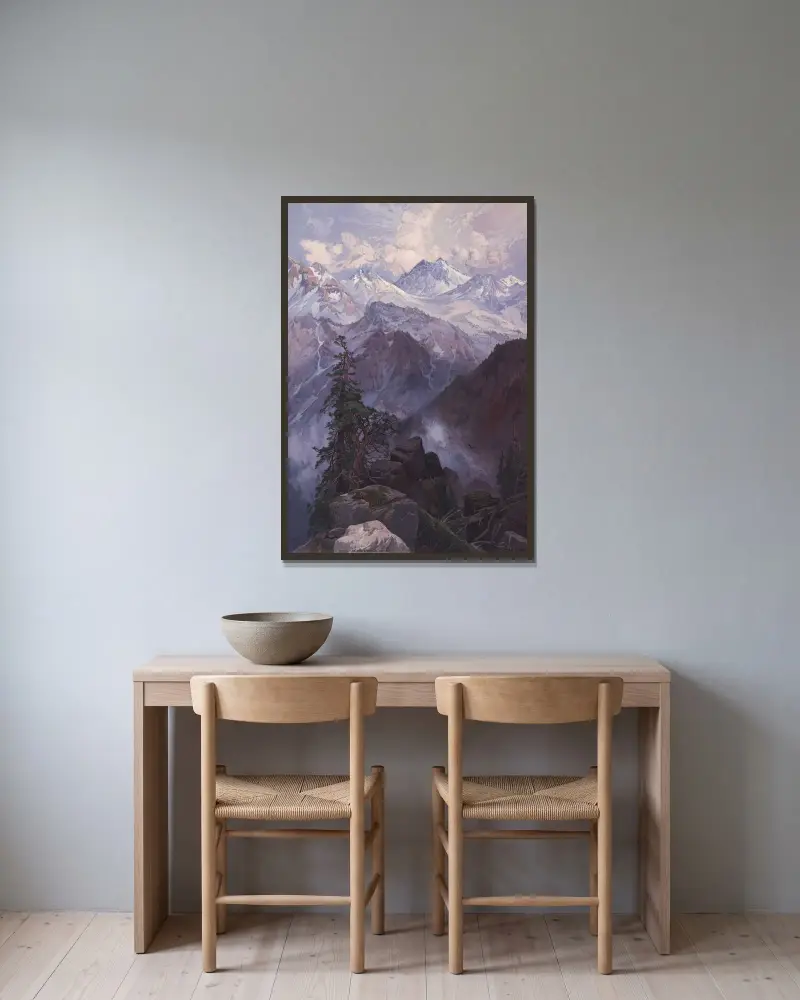 Toppen av Sierra Nevada av Thomas Moran inramad på en vägg