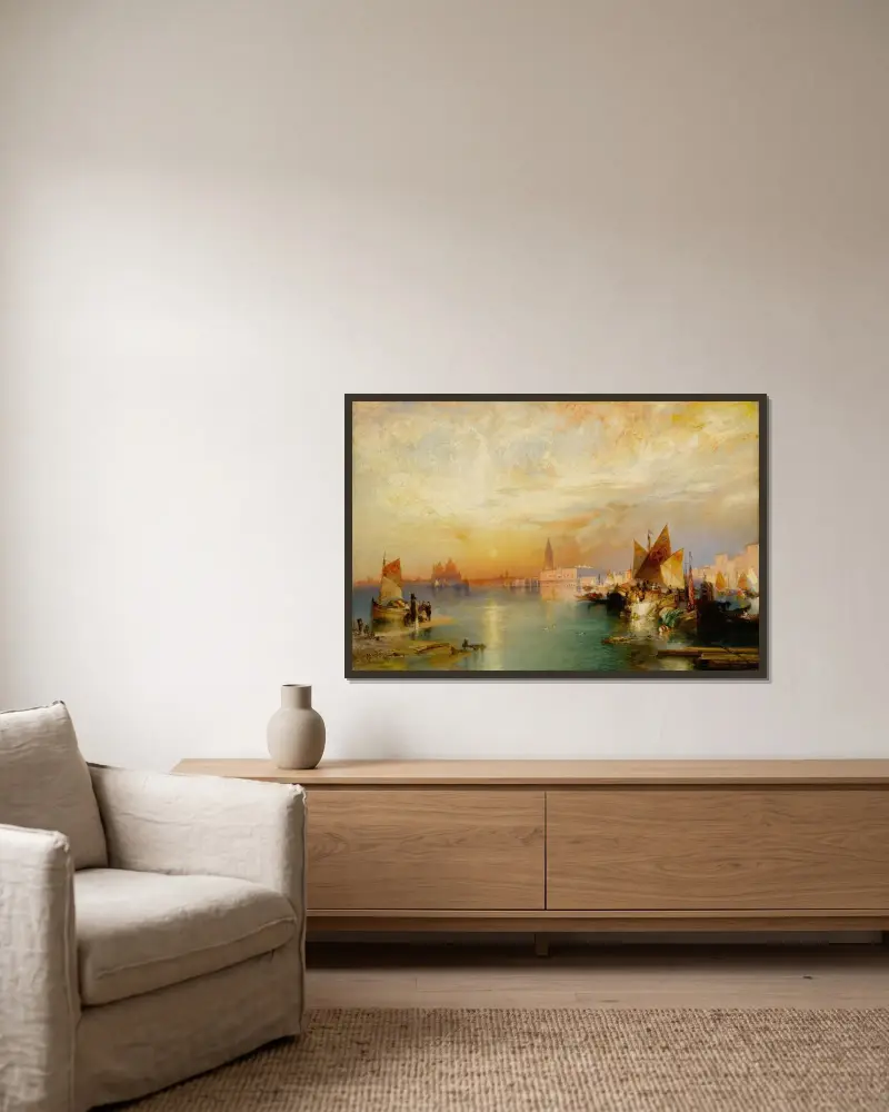 Solnedgång över Santa Maria och Dogenpalatset, Venedig av Thomas Moran inramad på en vägg