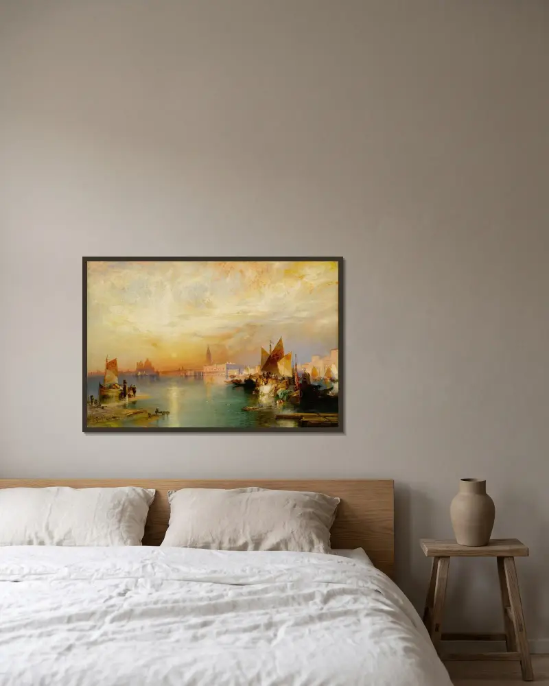 Solnedgång över Santa Maria och Dogenpalatset, Venedig av Thomas Moran inramad på en vägg