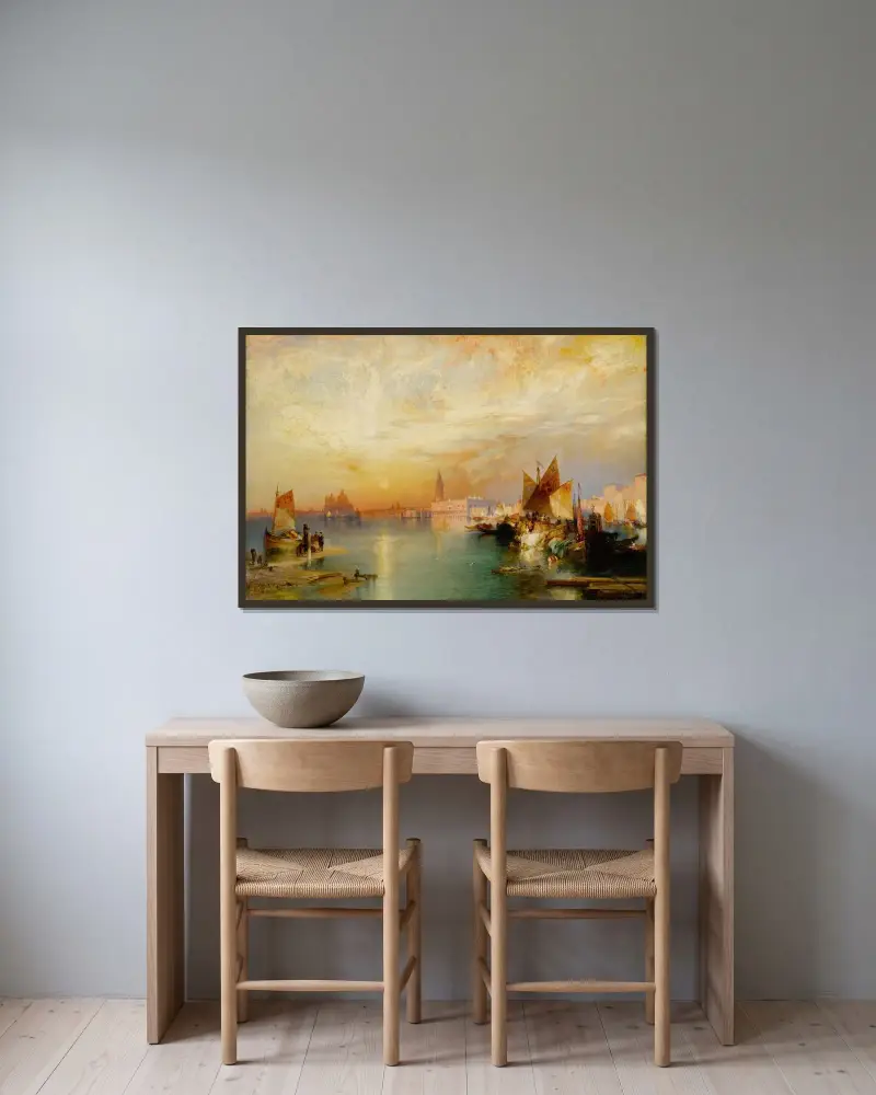 Solnedgång över Santa Maria och Dogenpalatset, Venedig av Thomas Moran inramad på en vägg