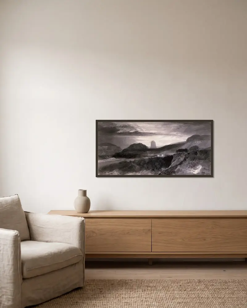 Djävulstornet från Johnstons av Thomas Moran inramad på en vägg