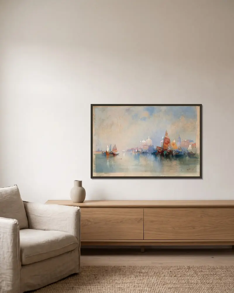 Lagunen mot Santa Maria della Salute av Thomas Moran inramad på en vägg