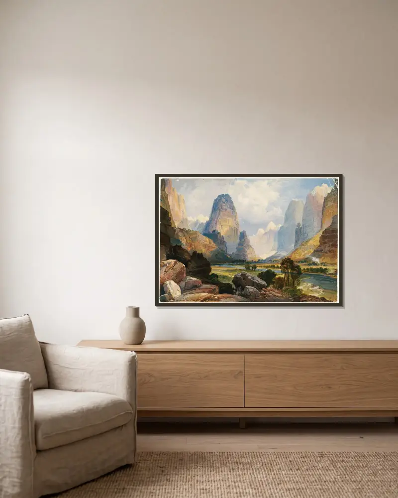 Dal av porlande vatten, södra Utah av Thomas Moran inramad på en vägg