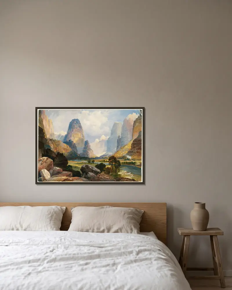Dal av porlande vatten, södra Utah av Thomas Moran inramad på en vägg