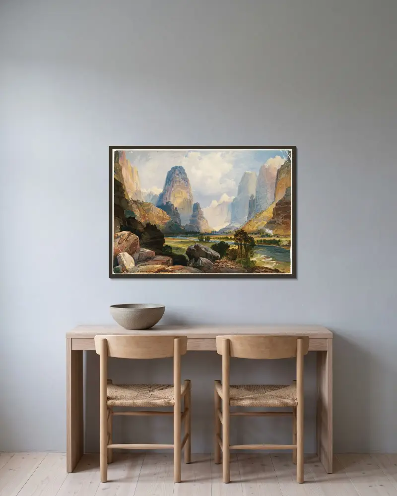 Dal av porlande vatten, södra Utah av Thomas Moran inramad på en vägg