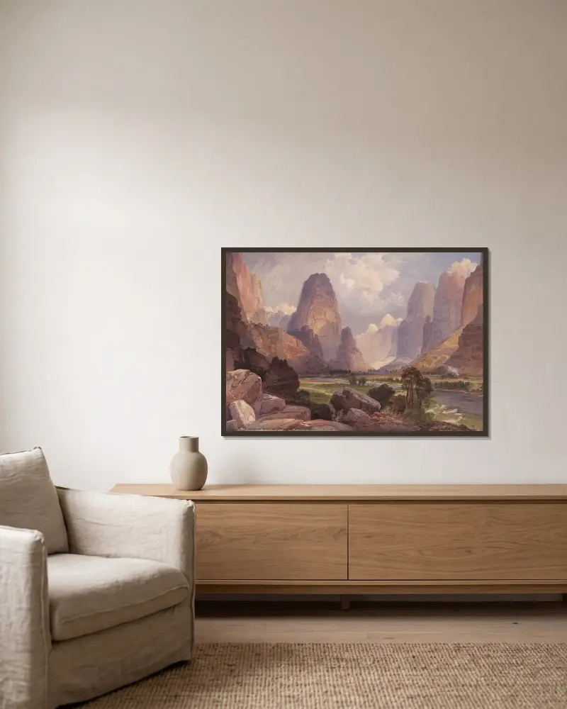 Dal av porlande vatten, södra Utah av Thomas Moran inramad på en vägg