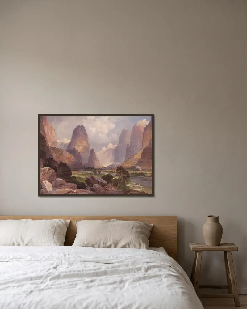 Dal av porlande vatten, södra Utah av Thomas Moran inramad på en vägg
