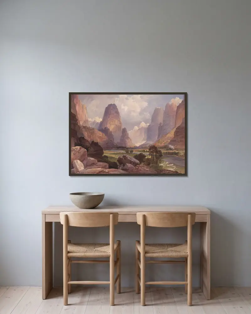 Dal av porlande vatten, södra Utah av Thomas Moran inramad på en vägg