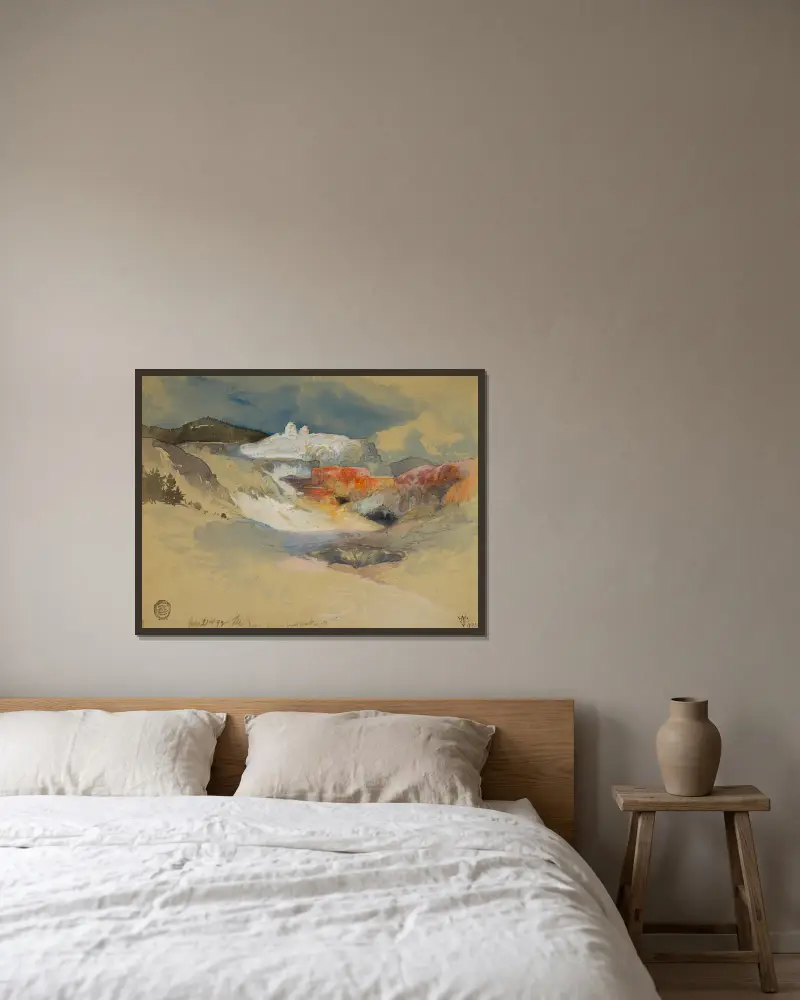 Yellowstone, heiße Quellen von Thomas Moran gerahmt an einer Wand