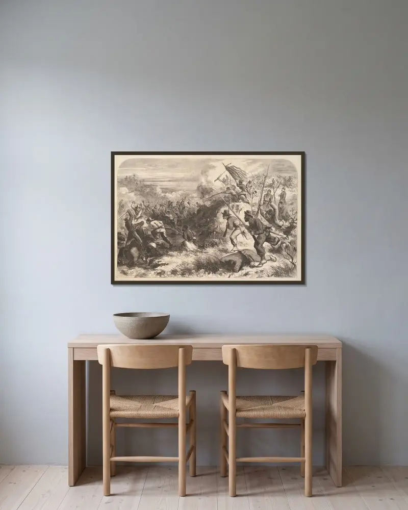 Ein Regiment der Schwarzen im Kampf von Thomas Nast gerahmt an einer Wand