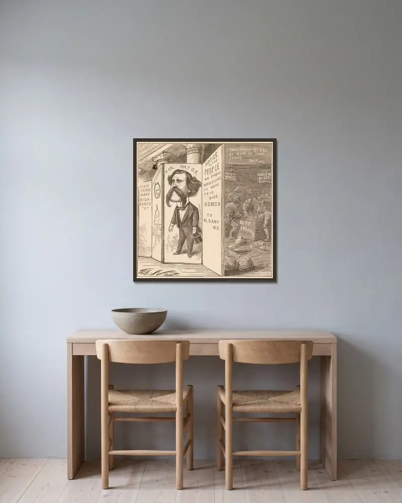 A respectable screen covers a multitude of thieves av Thomas Nast inramad på en vägg