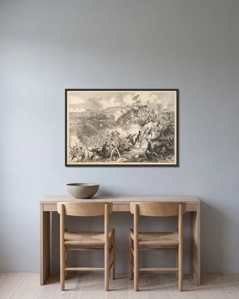 En scen från ett av slagen före Vicksburg av Thomas Nast inramad på en vägg
