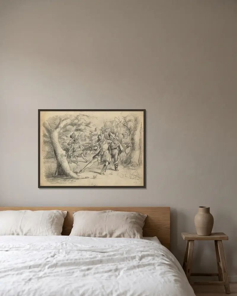 Teckning som illustrerar Trettondagsafton av Thomas Nast inramad på en vägg