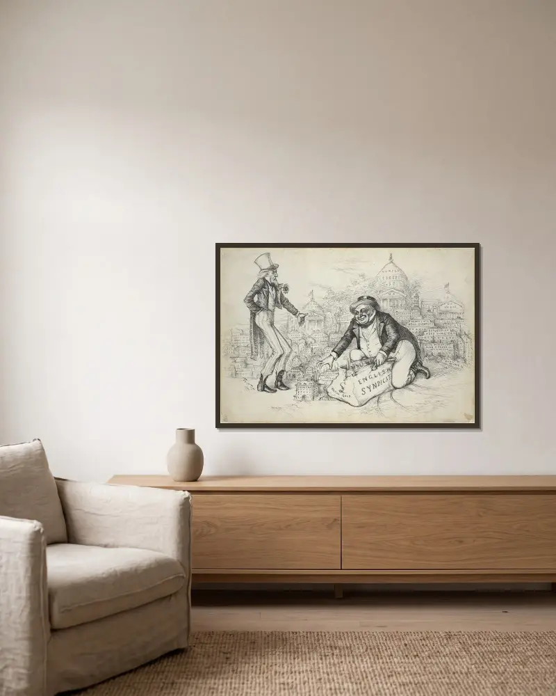 Engelska syndikatet (brittiskt guld) av Thomas Nast inramad på en vägg
