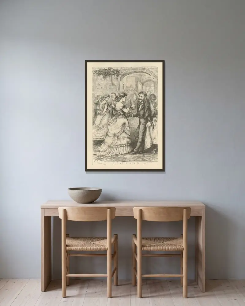 Eve is at it again av Thomas Nast inramad på en vägg