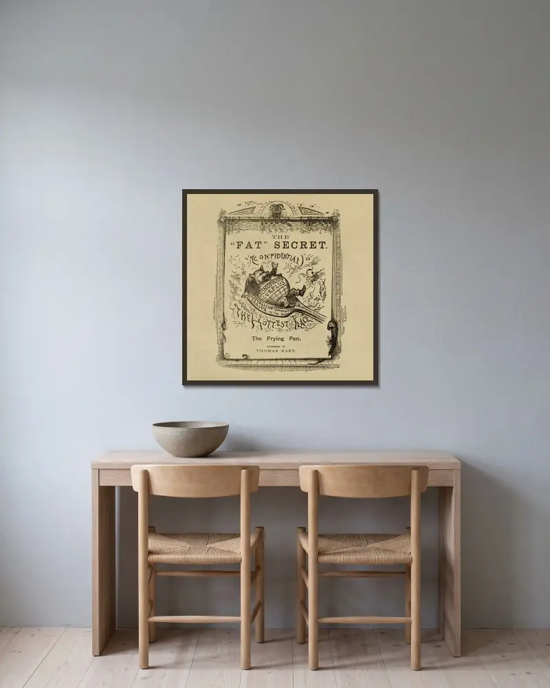 Evening Post, p. 8; The frying pan av Thomas Nast inramad på en vägg