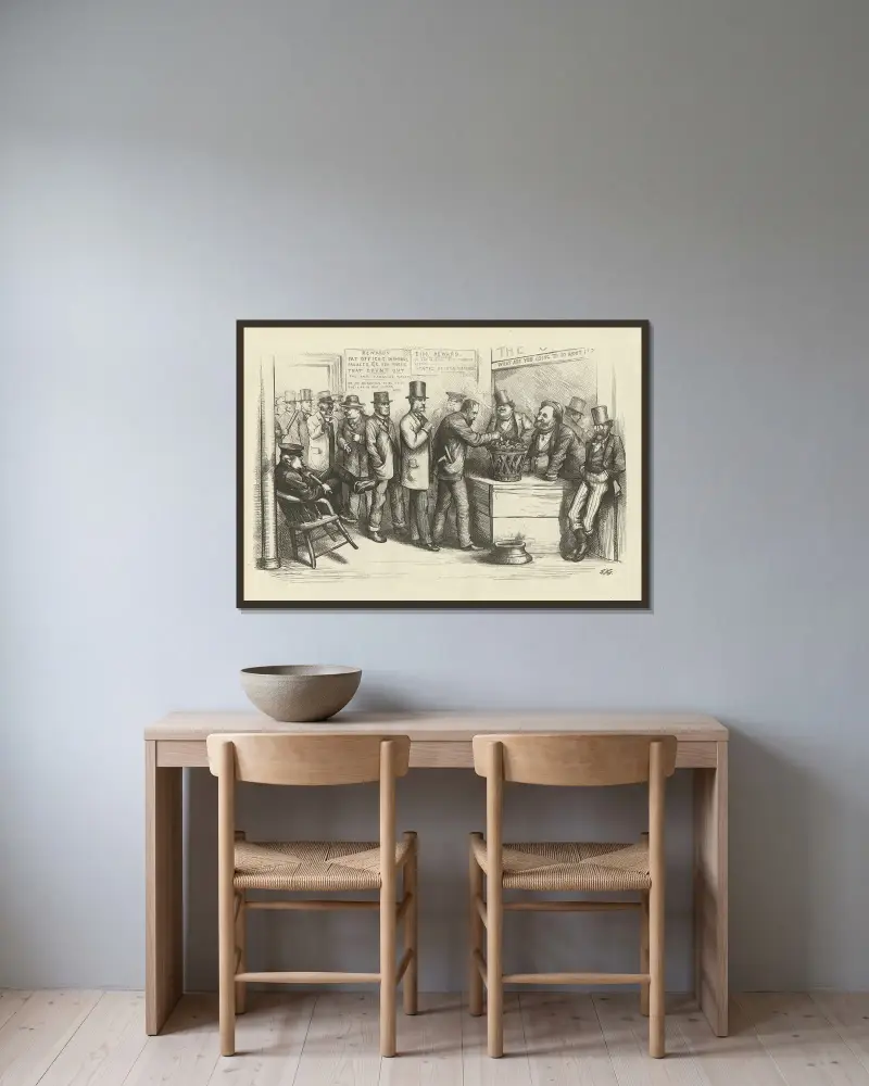 Går igenom den allmänna rösträttens form av Thomas Nast inramad på en vägg