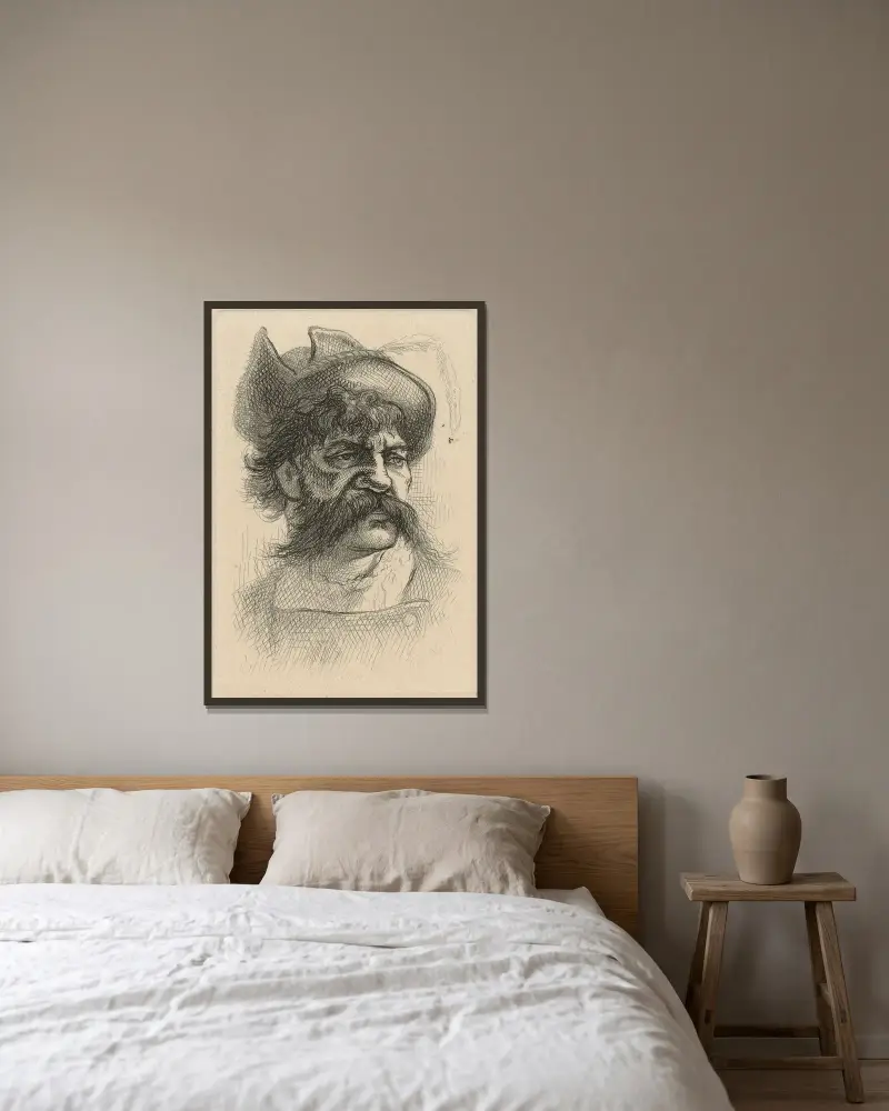 Huvud av man med renässanshatt av Thomas Nast inramad på en vägg