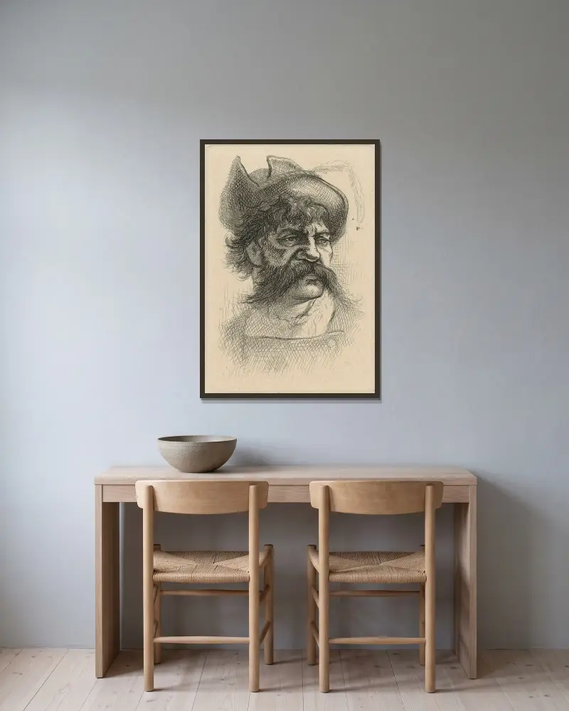 Huvud av man med renässanshatt av Thomas Nast inramad på en vägg