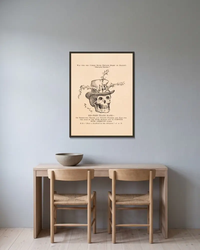 Hans frihandelsmärke av Thomas Nast inramad på en vägg