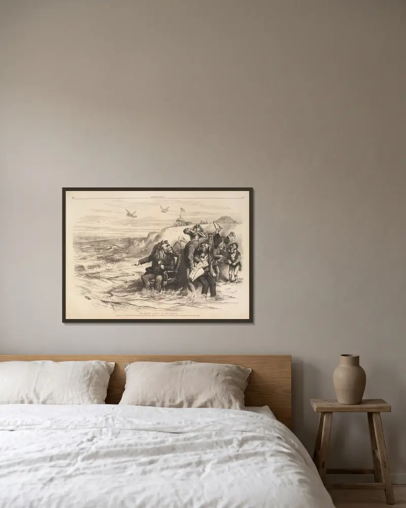 Vår moderna Canute vid Long Branch av Thomas Nast inramad på en vägg