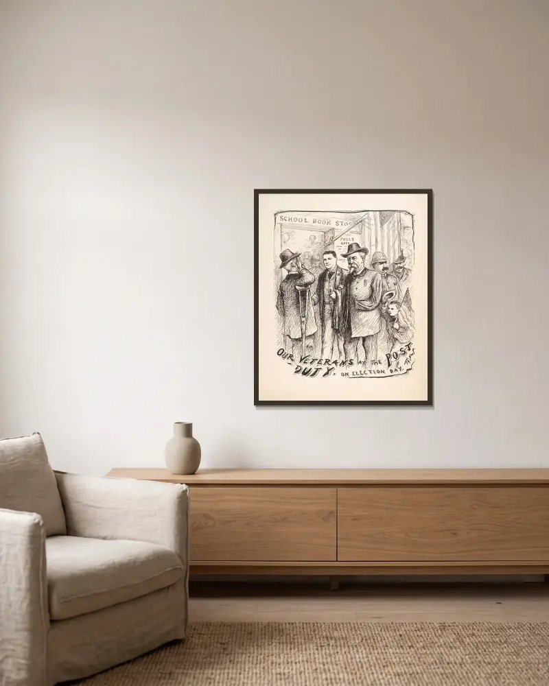 Unsere Veteranen im Postendienst am Wahltag von Thomas Nast gerahmt an einer Wand