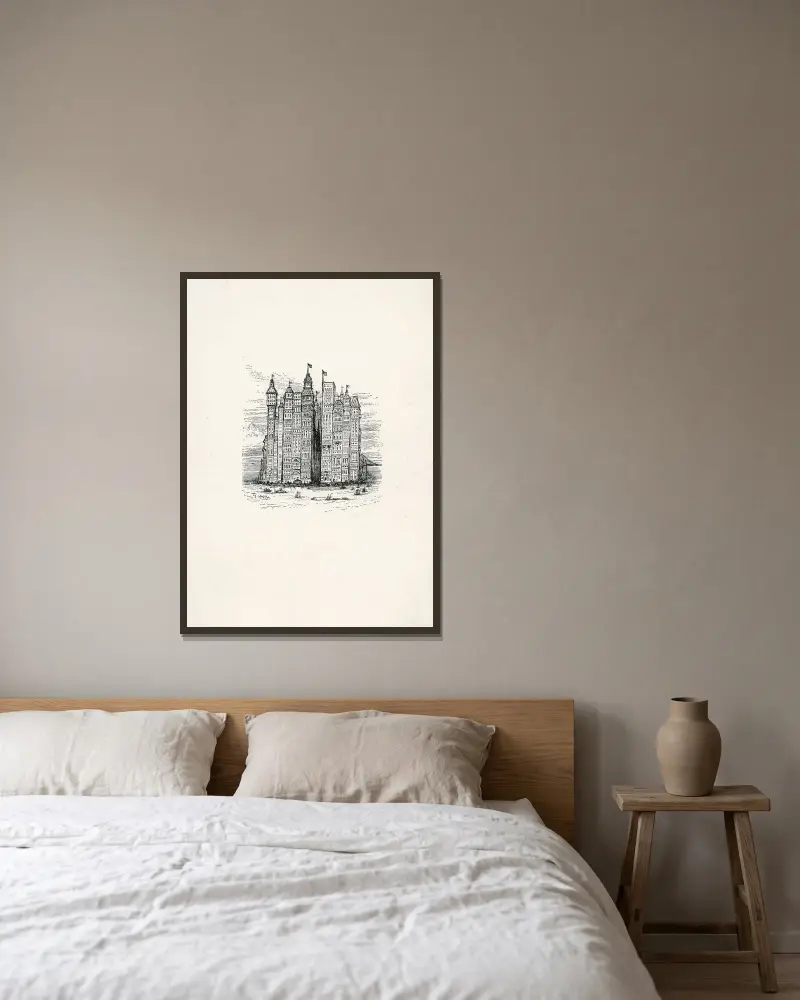Profetisk teckning av New Yorks skyline av Thomas Nast inramad på en vägg