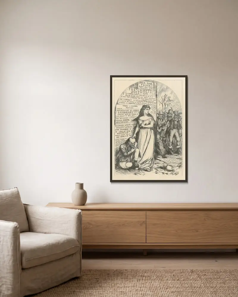 Den kinesiska frågan av Thomas Nast inramad på en vägg