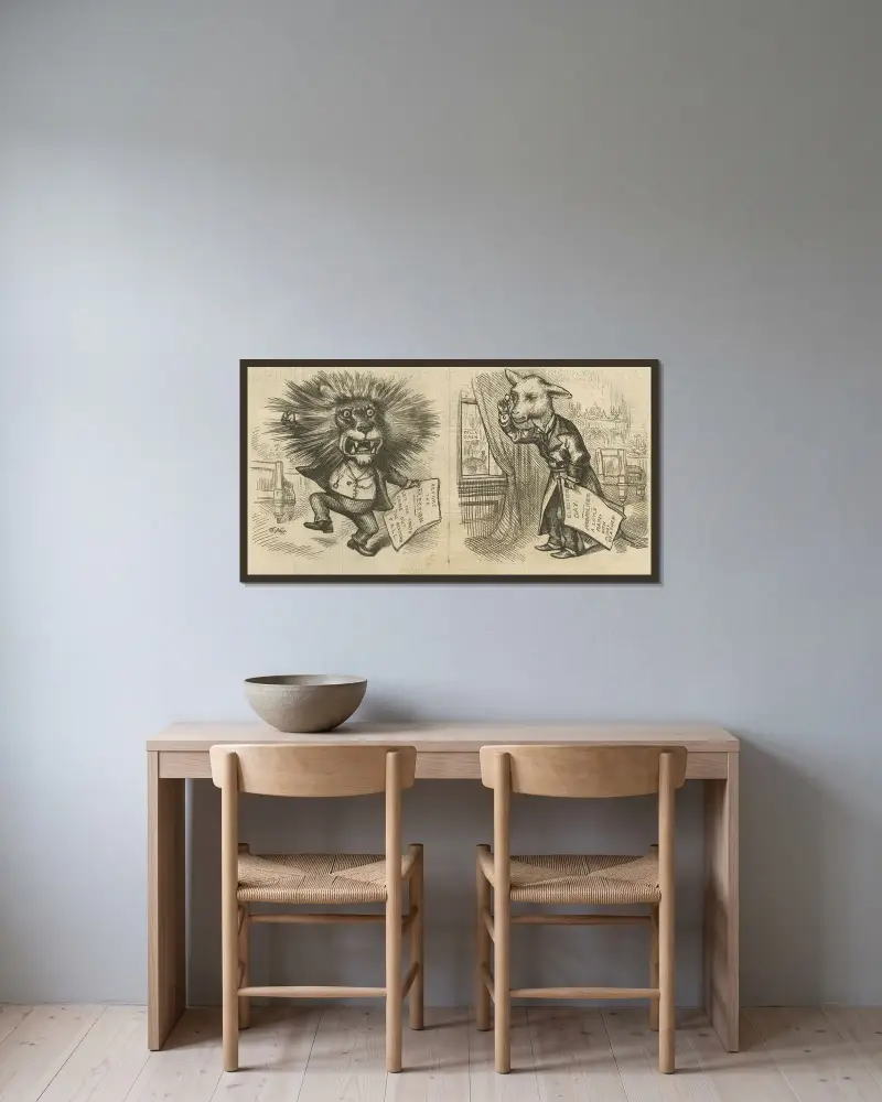 Lejonet och lammet av Thomas Nast inramad på en vägg