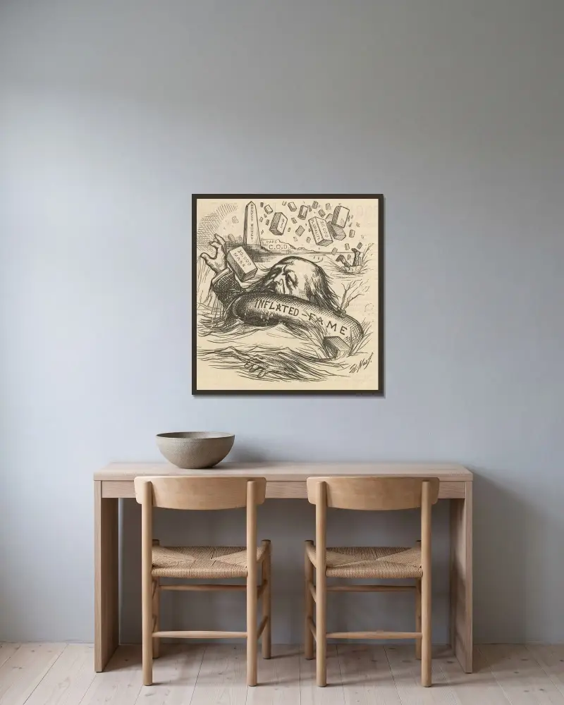 Regnet av tegelstenar av Thomas Nast inramad på en vägg