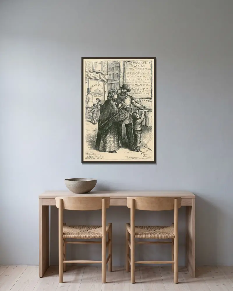Den arbetande mannens skärv av Thomas Nast inramad på en vägg