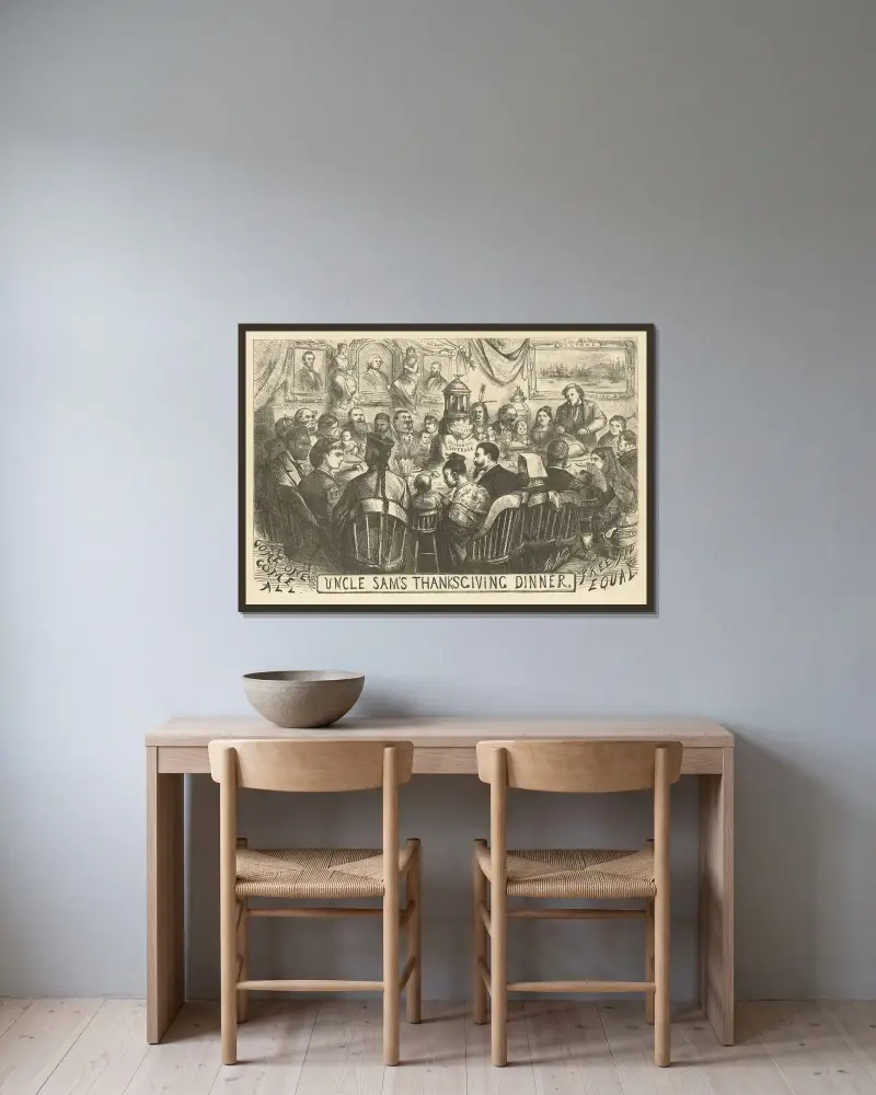 Uncle Sams thanksgiving-middag av Thomas Nast inramad på en vägg