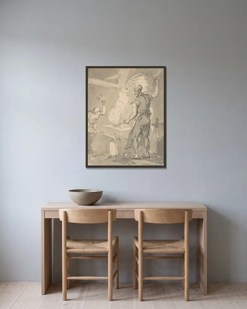 En smed av Thomas Rowlandson inramad på en vägg