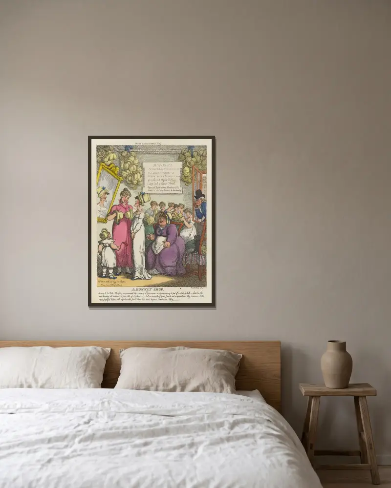 En hattbutik av Thomas Rowlandson inramad på en vägg