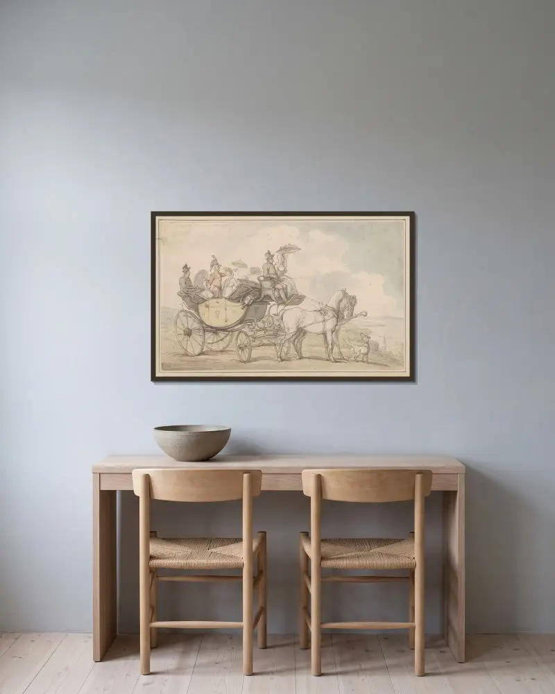 Ett vagnsällskap av Thomas Rowlandson inramad på en vägg