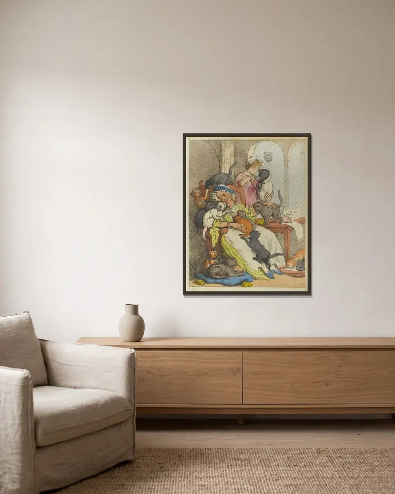 En katamaran eller en gammal jungfrus barnkammare av Thomas Rowlandson inramad på en vägg