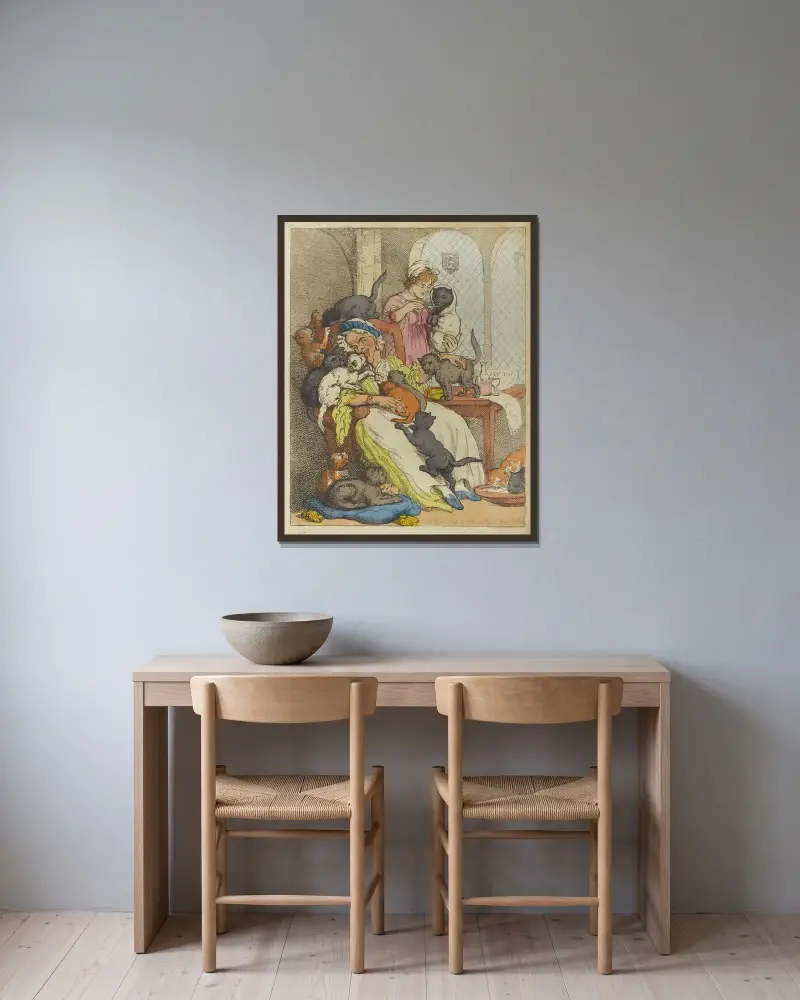 En katamaran eller en gammal jungfrus barnkammare av Thomas Rowlandson inramad på en vägg