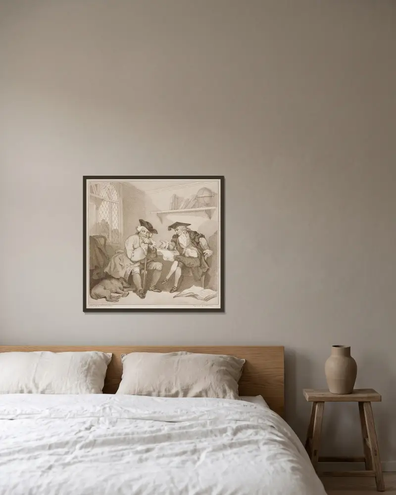 En collegescen, eller ett fruktlöst försök på gamle fyrkants plånbok av Thomas Rowlandson inramad på en vägg