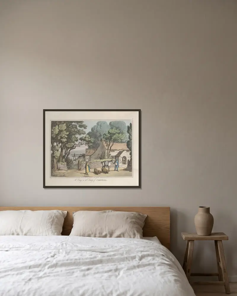 En stuga i hertigdömet Cornwall av Thomas Rowlandson inramad på en vägg