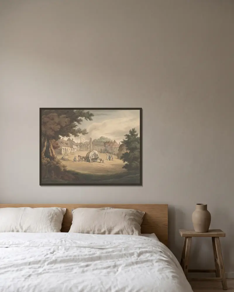 En landsbygd med kärra och många figurer i förgrunden av Thomas Rowlandson inramad på en vägg